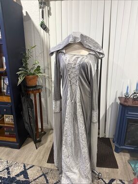 Silver Hooded Velvet Maxi Dress with Lace-Up Front